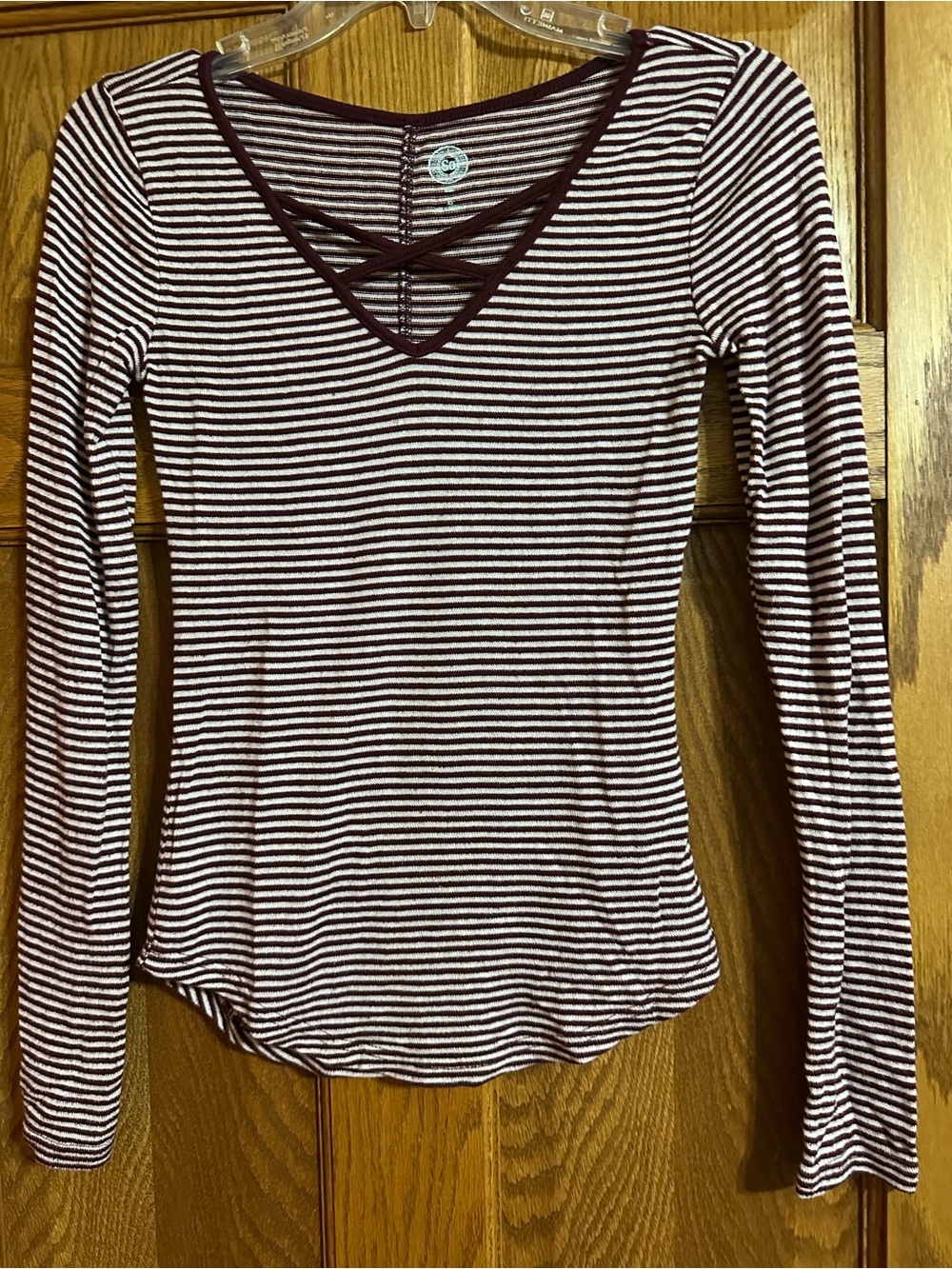SO Striped Long-Sleeve V-Neck Top with Crisscross Detail - Burgundy & White